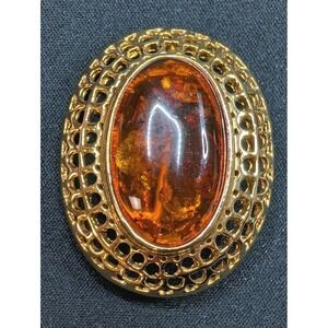 Vintage Coro Gold Tone Oval Brooch Amber Lucite‎ Cabochon Filigree PinSwissTech